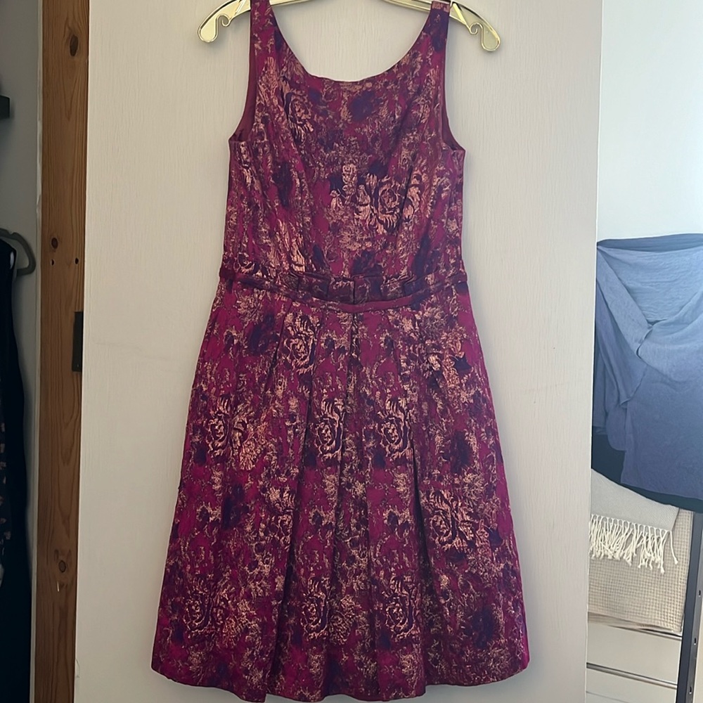 Theia pink, purple and gold brocade cocktail dress